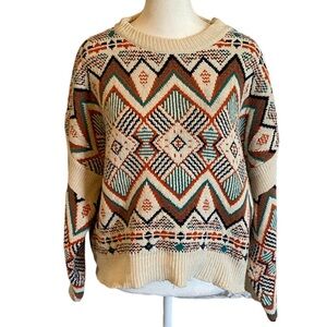 Earthbound Trading Co. Aztec Bohemian Patterned Crop Sweater Multicolor. Size L.